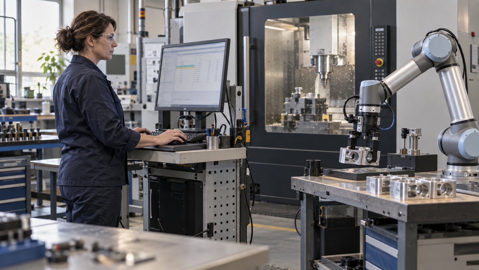Operatrice al PC con robot collaborativo e macchina CNC — immagine illustrativa